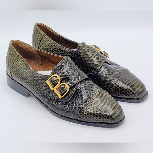 Giorgio Brutini Vintage Unisex Snakeskin Monks Strap Buckle Olive Shoes 6.5 M - Picture 1 of 16